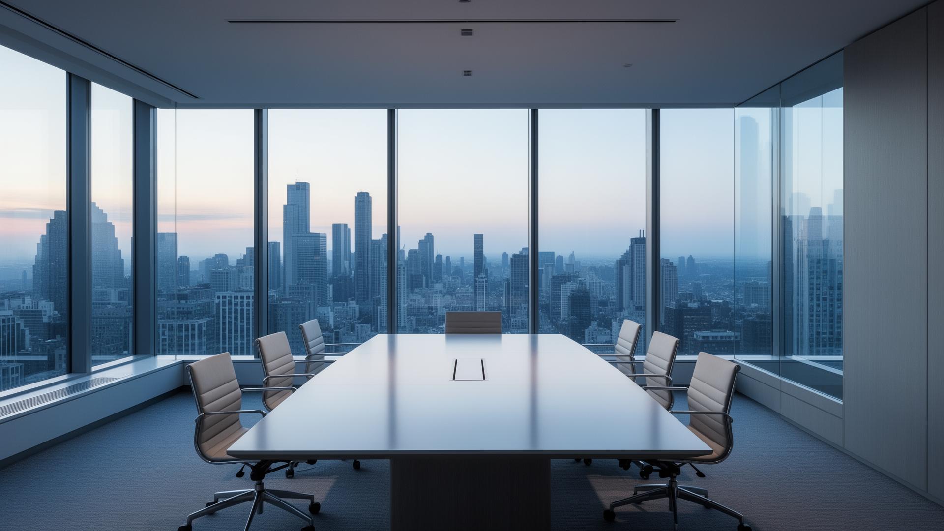 Executive boardroom overlooking a city skyline