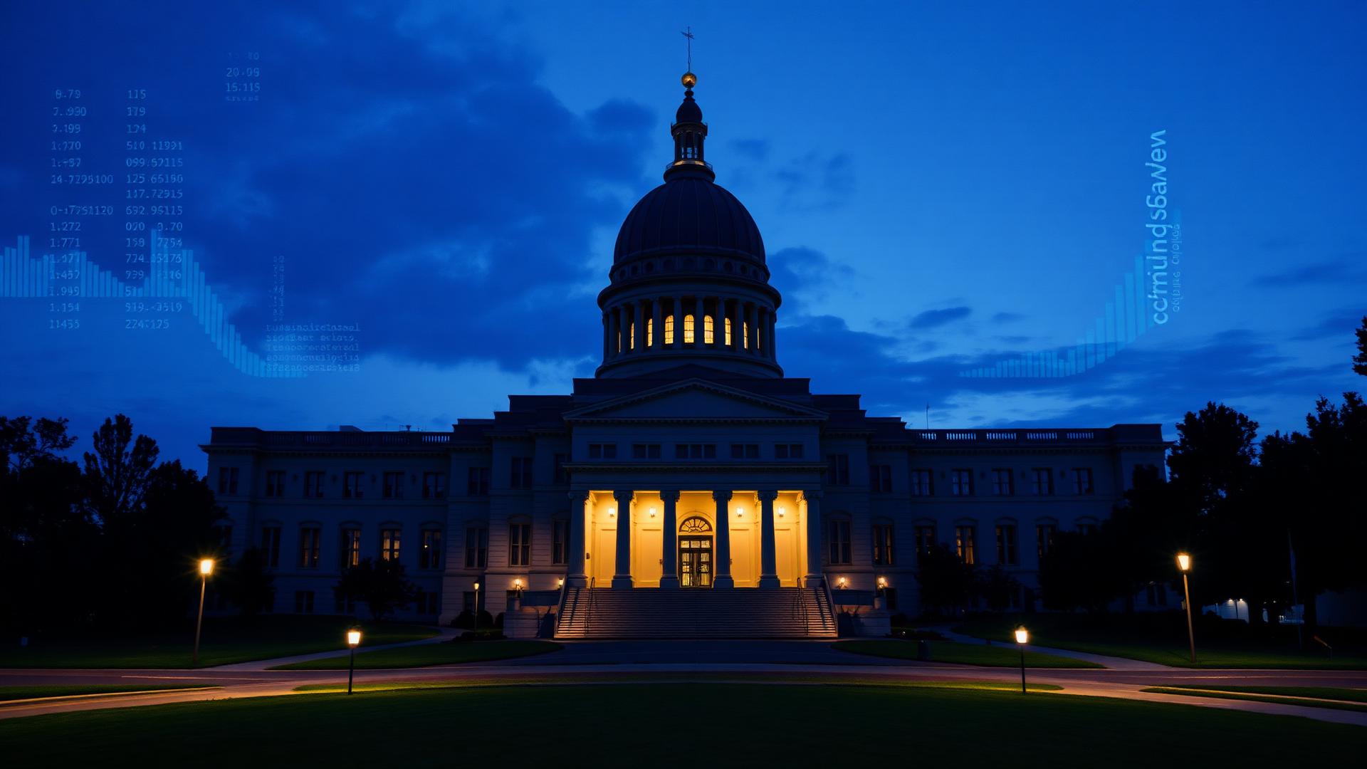 State capitol at dusk with digital data overlays