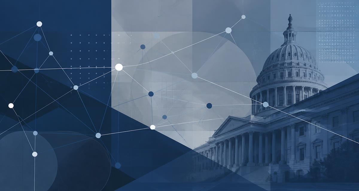 Abstract network of connected nodes over a government capitol building, representing AI adoption across Commonwealth agencies